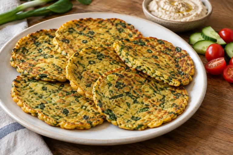 Six golden savory chickpea flour pancakes with spinach and scallions beside white bean dip
