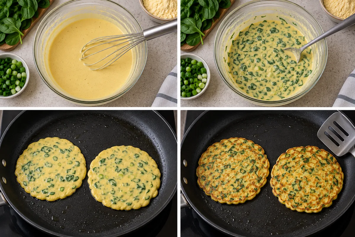 Four stages of egg-free chickpea pancakes: whisk batter, fold in spinach, cook first side and flip