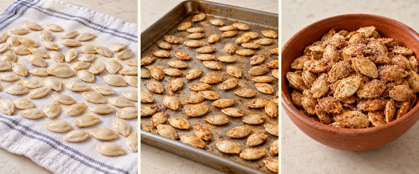 AI-illustrated preparation stages for Cinnamon Sugar Roasted Pumpkin Seeds