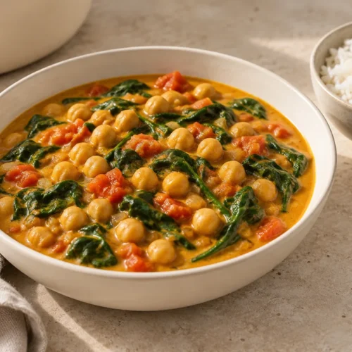 Coconut chickpea curry with spinach in an ivory bowl beside cooked rice
