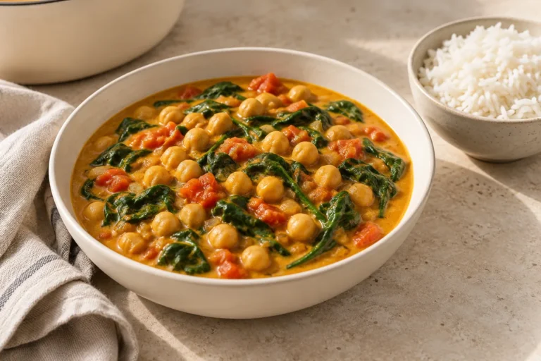 Coconut chickpea curry with spinach in an ivory bowl beside cooked rice