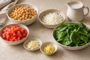 Drained chickpeas, chopped tomatoes, onion, garlic, ginger and spinach prepared for curry