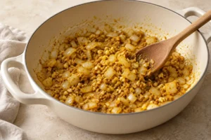 Diced onion, garlic, ginger and spices sautéing in a cream pan