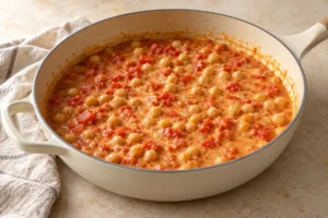 Chickpeas simmering in tomato and coconut sauce before adding spinach