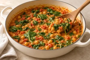 Baby spinach folded into tomato and coconut chickpea curry in a cream pan