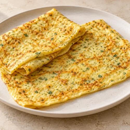 Thin golden cottage cheese and egg flatbread folded on a plate