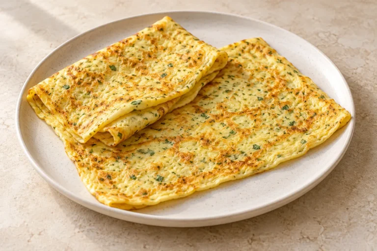 Thin golden cottage cheese and egg flatbread folded on a plate
