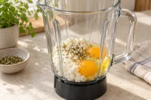 Cottage cheese and two eggs in a blender with seasoning