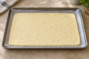 Unbaked flourless flatbread batter spread evenly on parchment