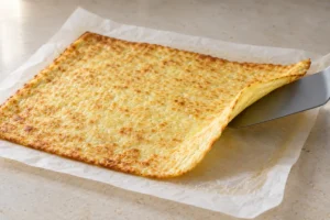Peeling cooled egg and cottage cheese flatbread from parchment
