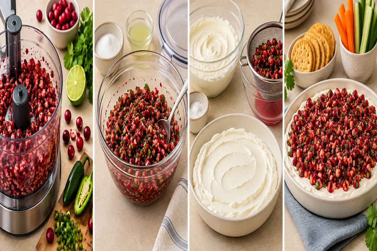 AI-illustrated preparation stages for Cranberry Jalapeño Dip with Greek Yogurt