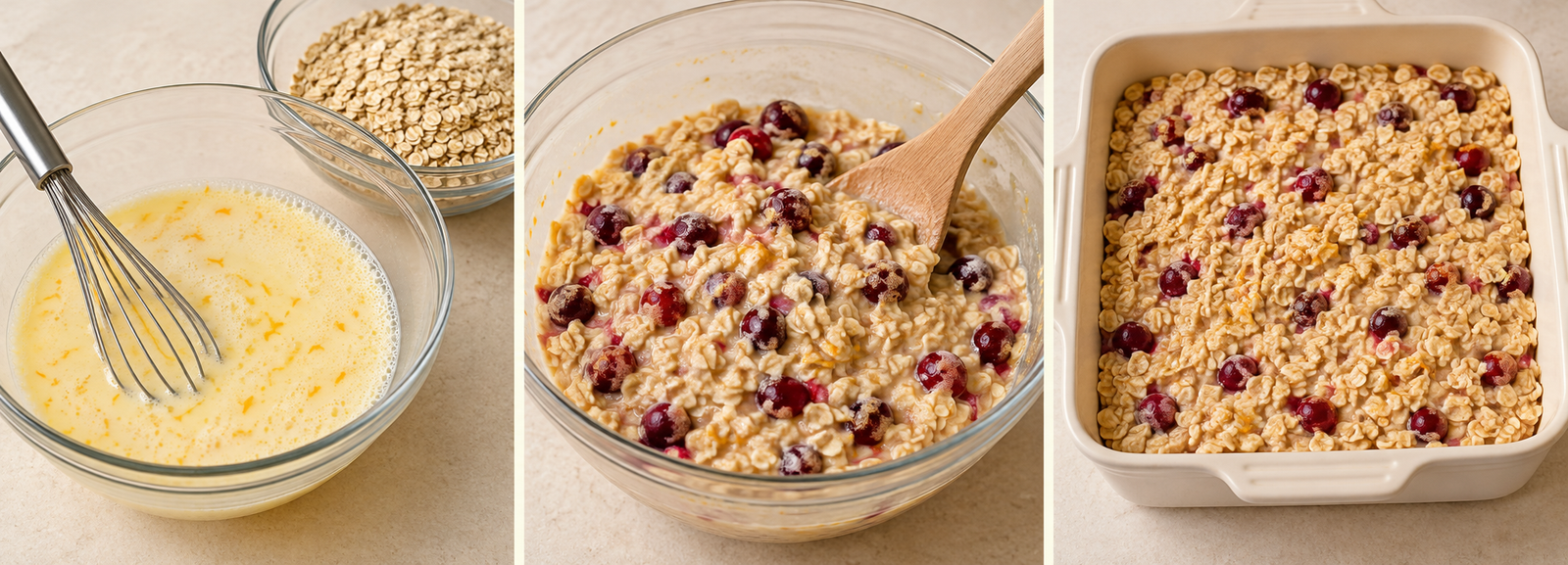 AI-illustrated preparation stages for Cranberry Orange Baked Oatmeal