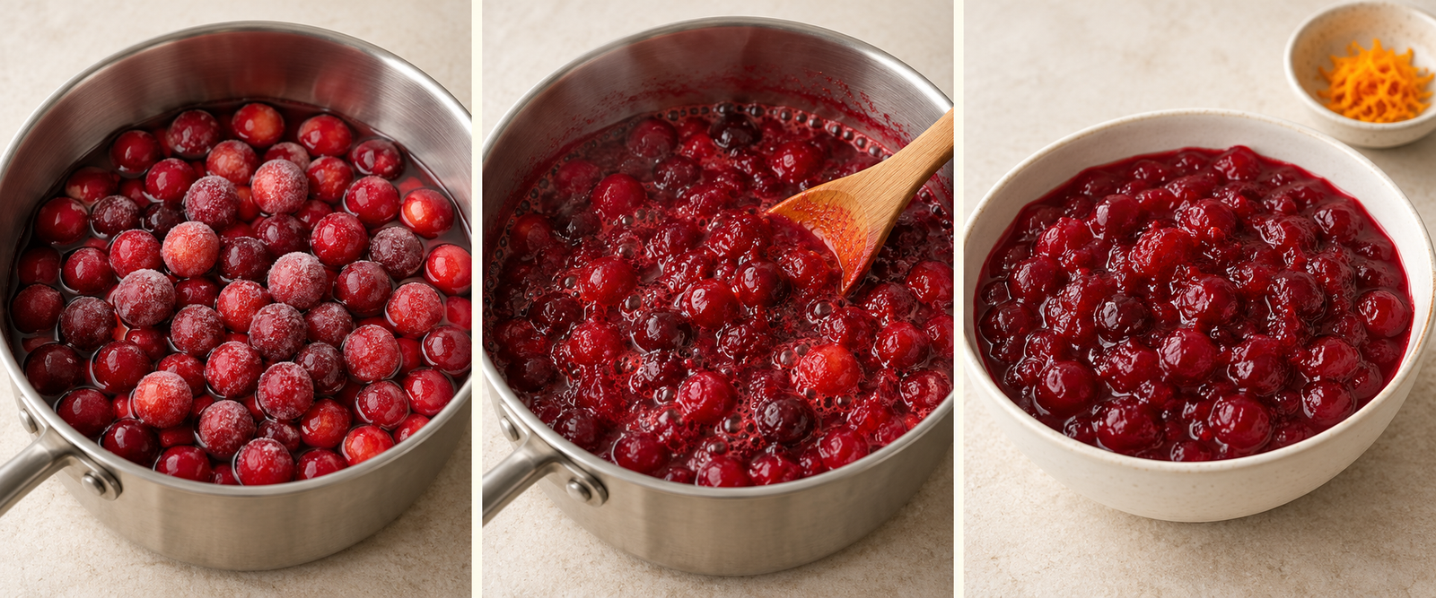 AI-illustrated preparation stages for Cranberry Sauce with Frozen Cranberries