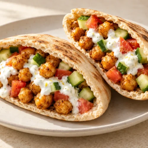 Warm pita filled with roasted chickpeas, cucumber, tomato and lemon yogurt sauce