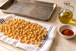 Cooked chickpeas drying on a towel beside olive oil and paprika