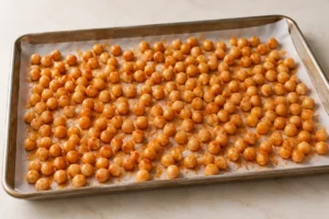 Seasoned chickpeas spaced in a single layer on a roasting tray