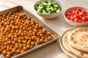 Roasted chickpeas beside diced cucumber, tomato and warm pita bread