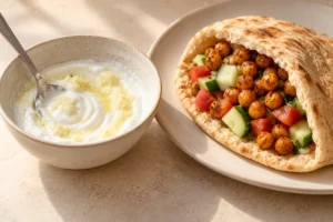 Stirring lemon garlic yogurt sauce beside a filled chickpea pita