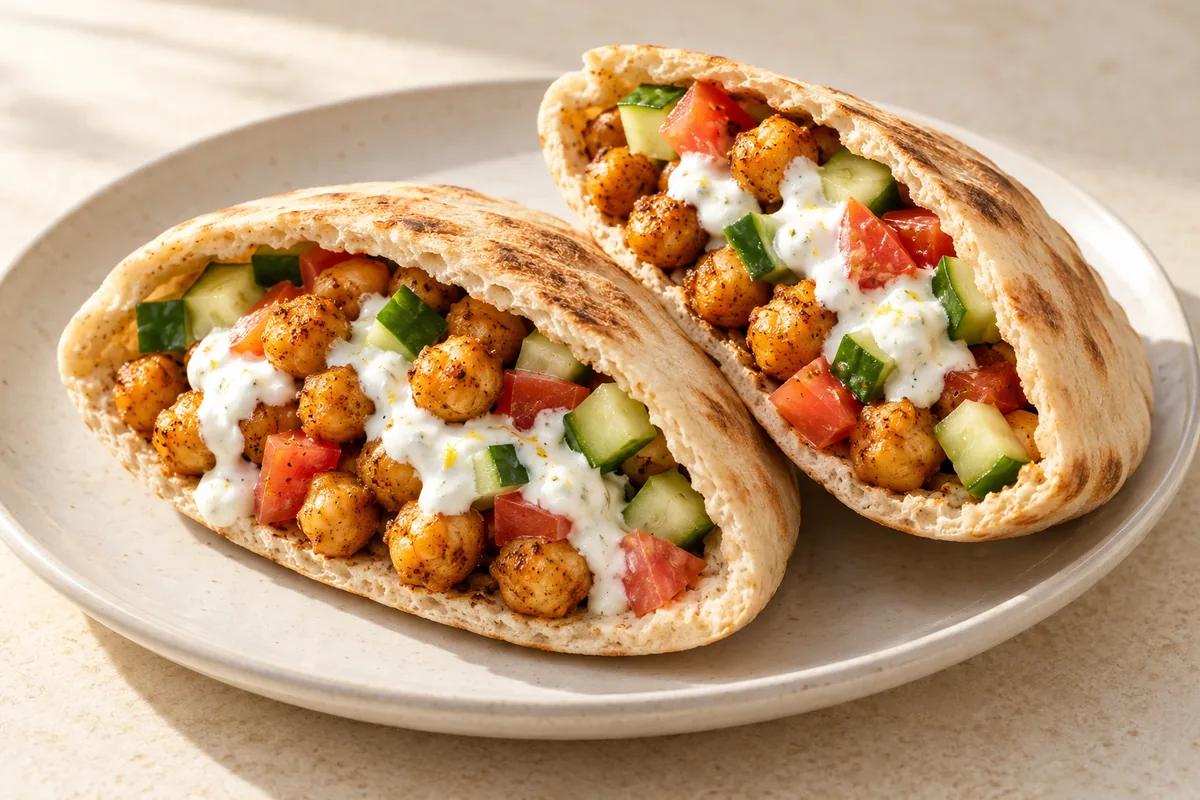 Crispy chickpea pitas with cucumber, tomato and lemon yogurt sauce