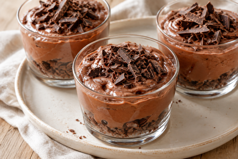 Dark chocolate yogurt dessert served in small glass cups