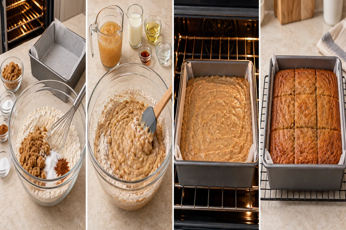 AI-illustrated preparation stages for Eggless Applesauce Snack Cake