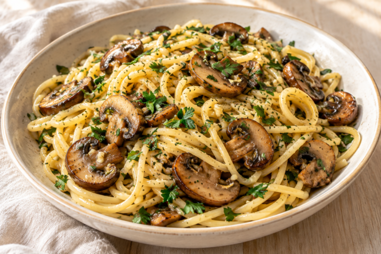 Pasta with browned mushrooms, garlic and chopped parsley