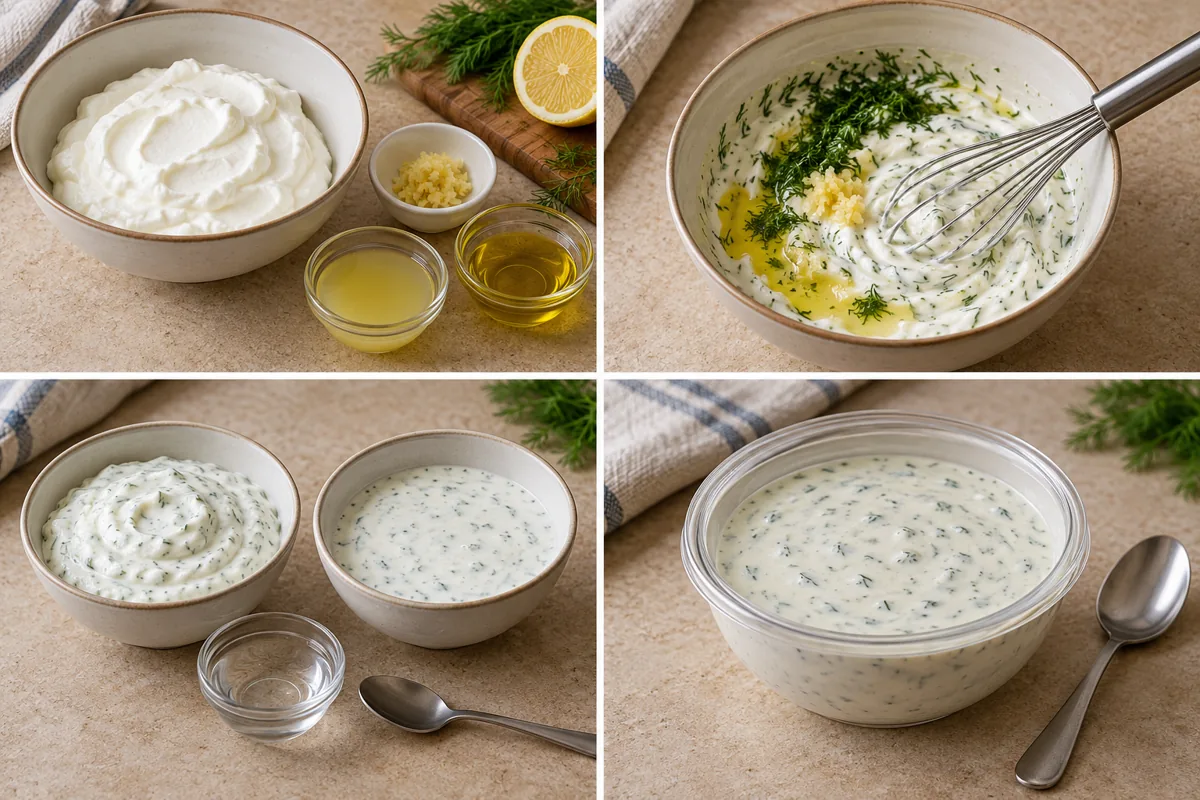 Four-stage preparation illustration for Greek Yogurt Garlic Sauce Without Mayo