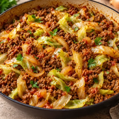 Ground beef and cabbage in a tomato skillet
