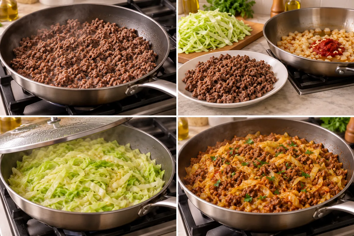 Four-stage preparation illustration for Ground Beef and Cabbage Skillet Without Rice