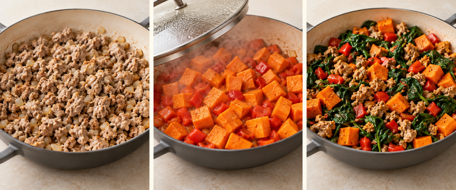 AI-illustrated preparation stages for Ground Turkey Sweet Potato Skillet