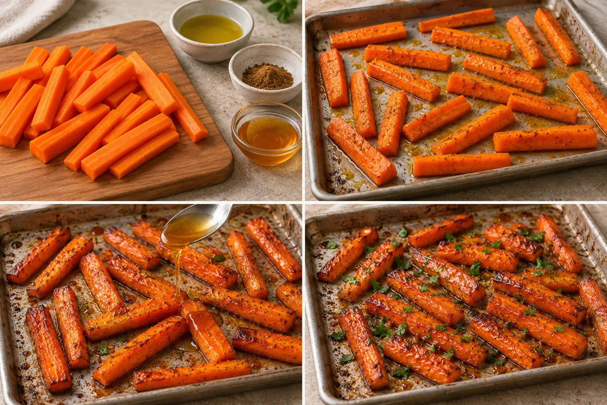 Four-stage preparation illustration for Honey Cumin Roasted Carrots