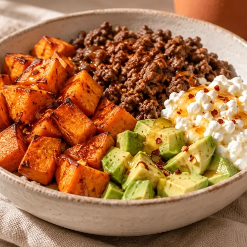 Hot honey beef bowl with roasted sweet potatoes, cottage cheese and avocado