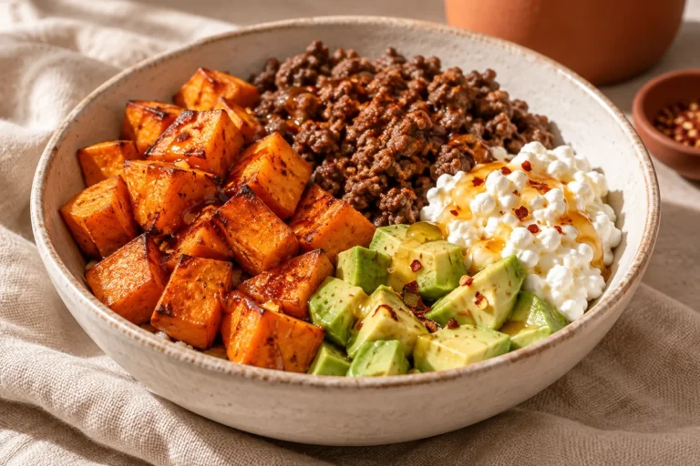 Hot honey beef bowl with roasted sweet potatoes, cottage cheese and avocado