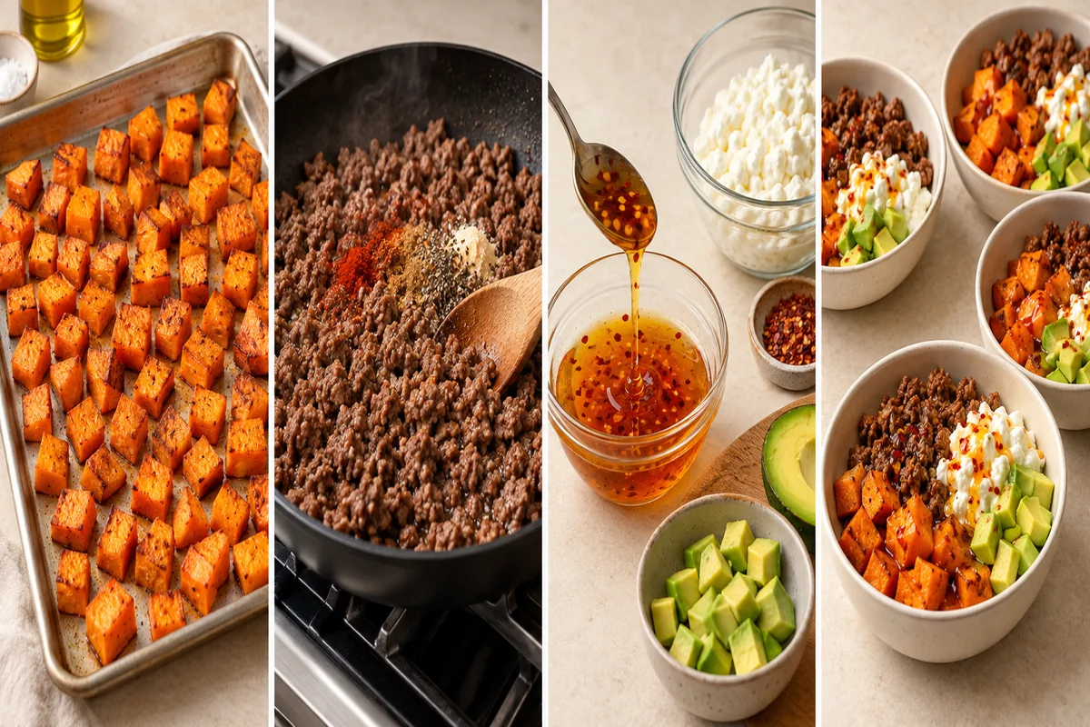 AI-illustrated preparation stages for Hot Honey Ground Beef and Sweet Potato Bowls
