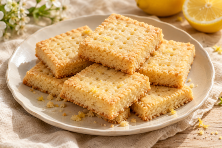 Crumbly lemon butter shortbread squares with fork marks