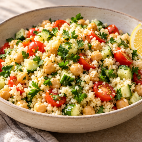 Lemon chickpea couscous with cucumber, cherry tomatoes and fresh herbs in a white bowl