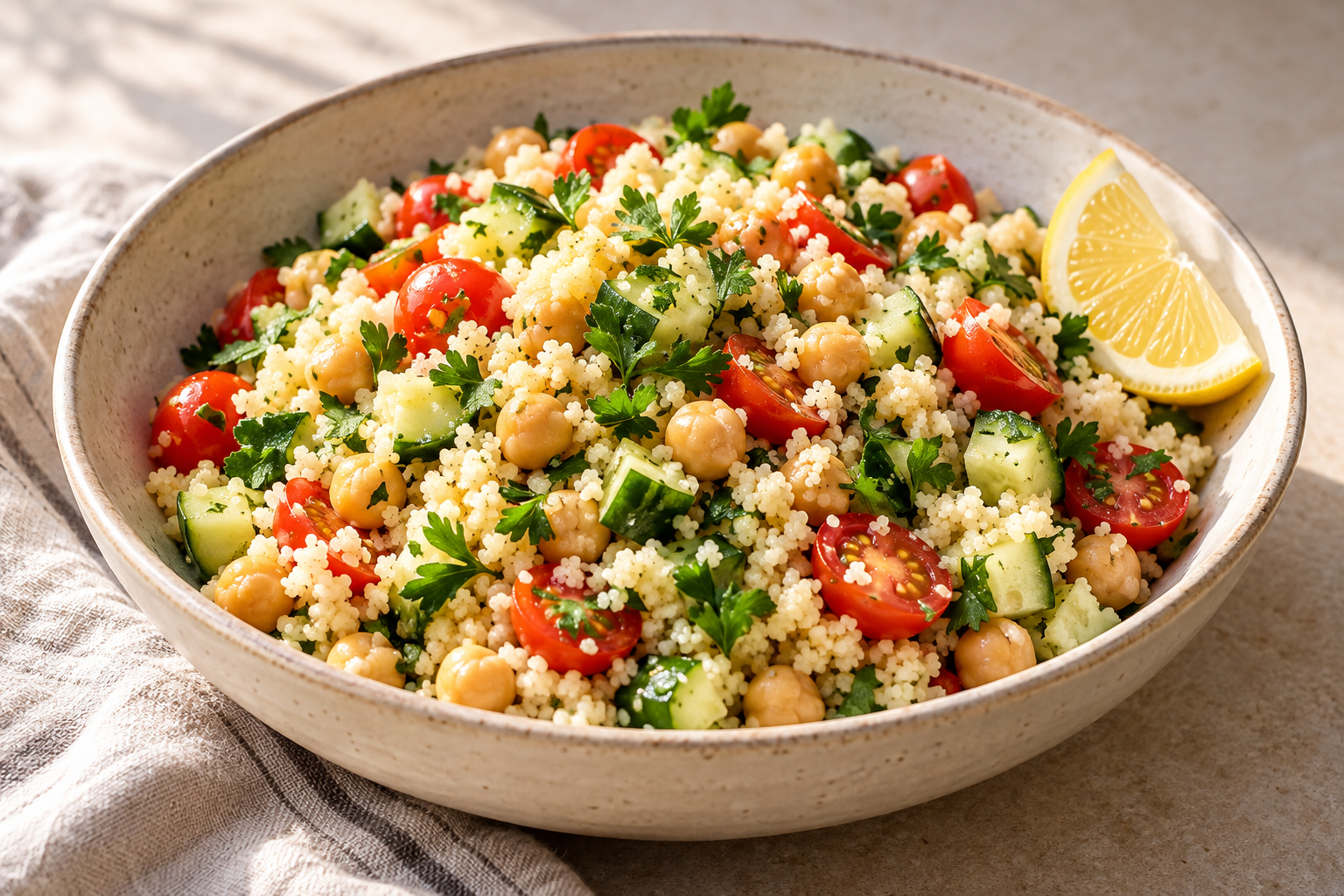 Lemon Chickpea Couscous with Cucumber and Herbs