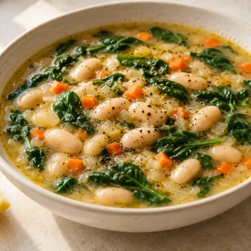 Lemon white bean soup with wilted spinach and diced carrot in an ivory bowl