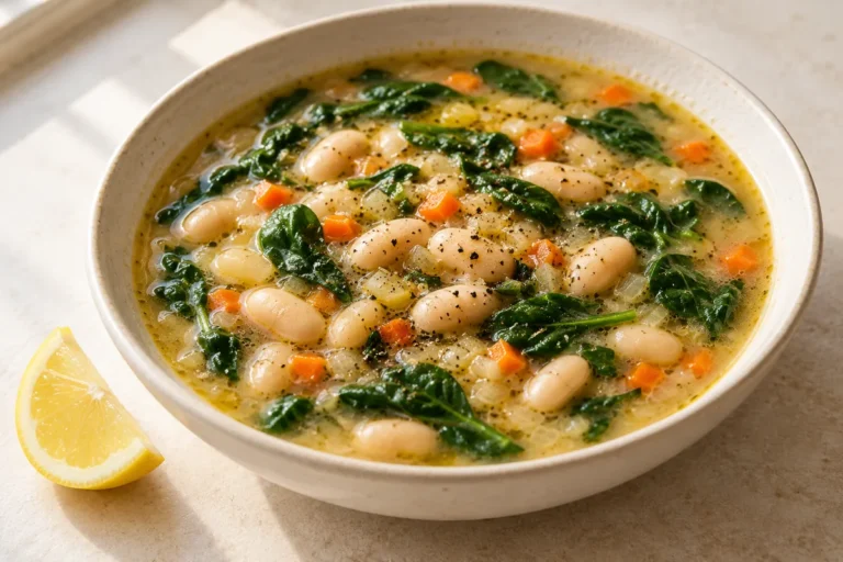 Lemon white bean soup with wilted spinach and diced carrot in an ivory bowl