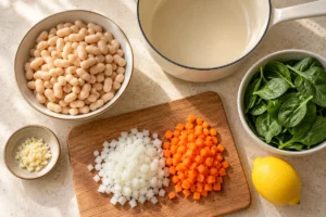 Drained white beans, diced onion and carrot, minced garlic, spinach and lemon prepared for soup