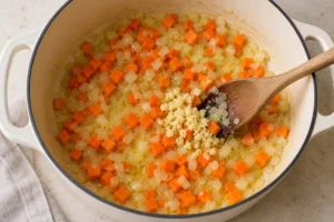 Onion and carrot softened in olive oil with minced garlic in a cream saucepan