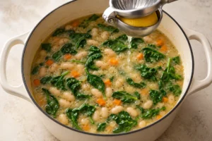 Lemon juice added to white bean soup after folding in spinach
