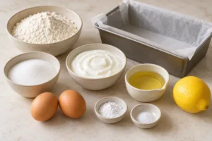 Two eggs, flour, sugar, yogurt, oil and lemon beside a lined loaf tin