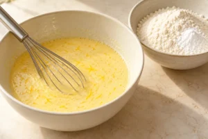 Whisking the lemon yogurt egg mixture beside flour