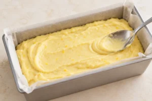 Lemon yogurt batter spread in a parchment-lined loaf tin