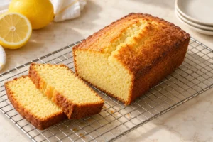 Baked lemon yogurt loaf cooling on a rack with slices
