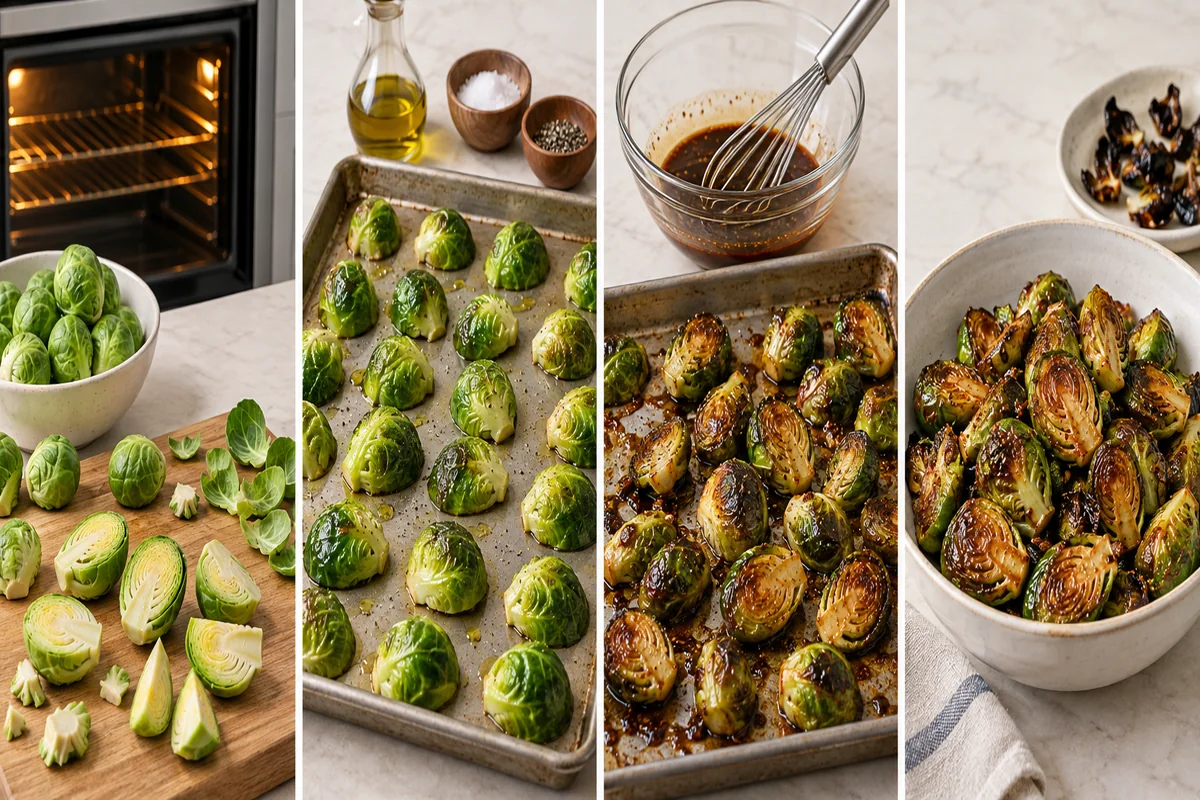 AI-illustrated preparation stages for Maple Balsamic Brussels Sprouts Without Bacon