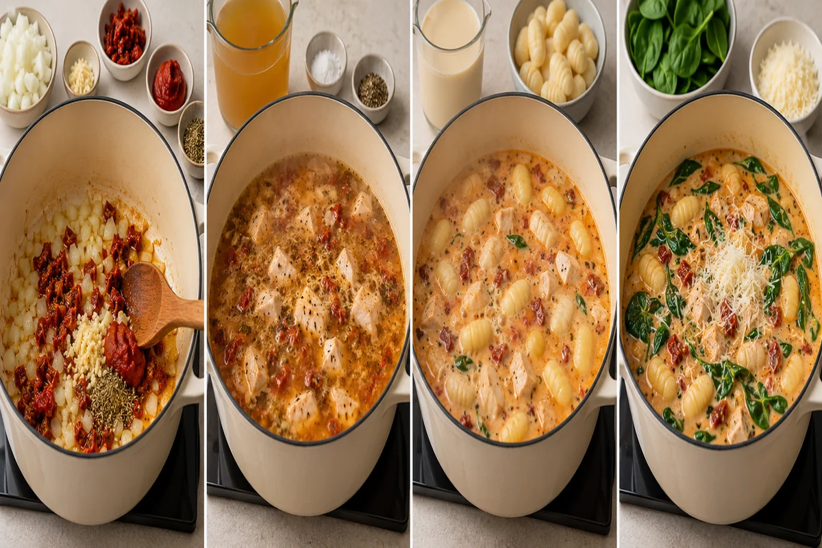 AI-illustrated preparation stages for Marry Me Chicken Gnocchi Soup Without Heavy Cream