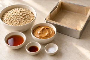 Rolled oats, peanut butter, maple syrup, vanilla and salt beside a lined tin