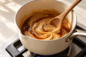 Gently warming peanut butter and maple syrup in a saucepan